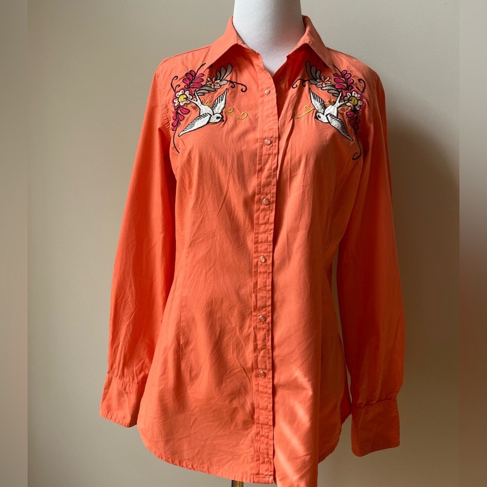 Ariat Women's Orange Fitted Embroidered Western Shirt Size Small